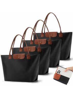 4 Pack Nylon Tote Bags with Zipper Foldable Shoulder Purse